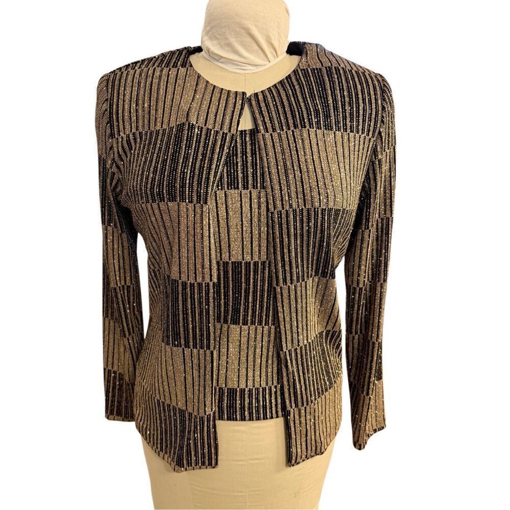 Xscape Vintage Gold & Black Glitter Striped Open Front Cardigan & Tank Medium